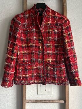 Herbert Grossman Red Plaid Bouclé Tweed Blazer Vintage Jacket - Size 4.